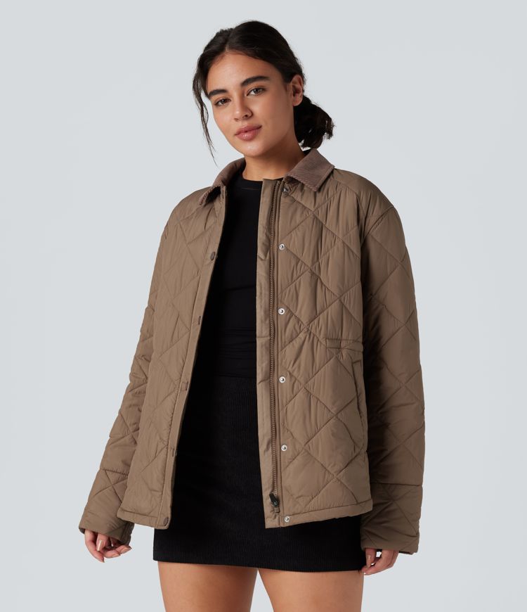 Contrast Corduroy Drawstring Casual Padded Jacket with Pockets