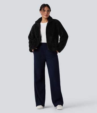 Stand Collar Long Sleeve Casual Sherpa Jacket with Pockets