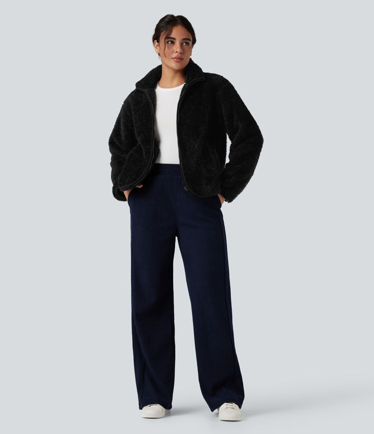 Stand Collar Long Sleeve Casual Sherpa Jacket with Pockets