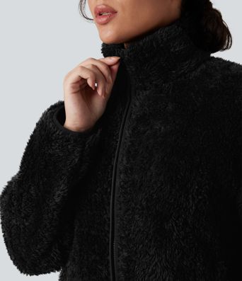 Stand Collar Long Sleeve Casual Sherpa Jacket with Pockets