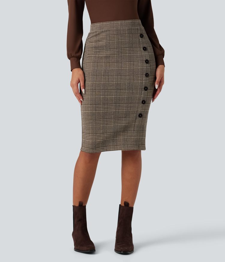 High Waisted Bodycon Houndstooth Plaid Knee Length Work Skirt