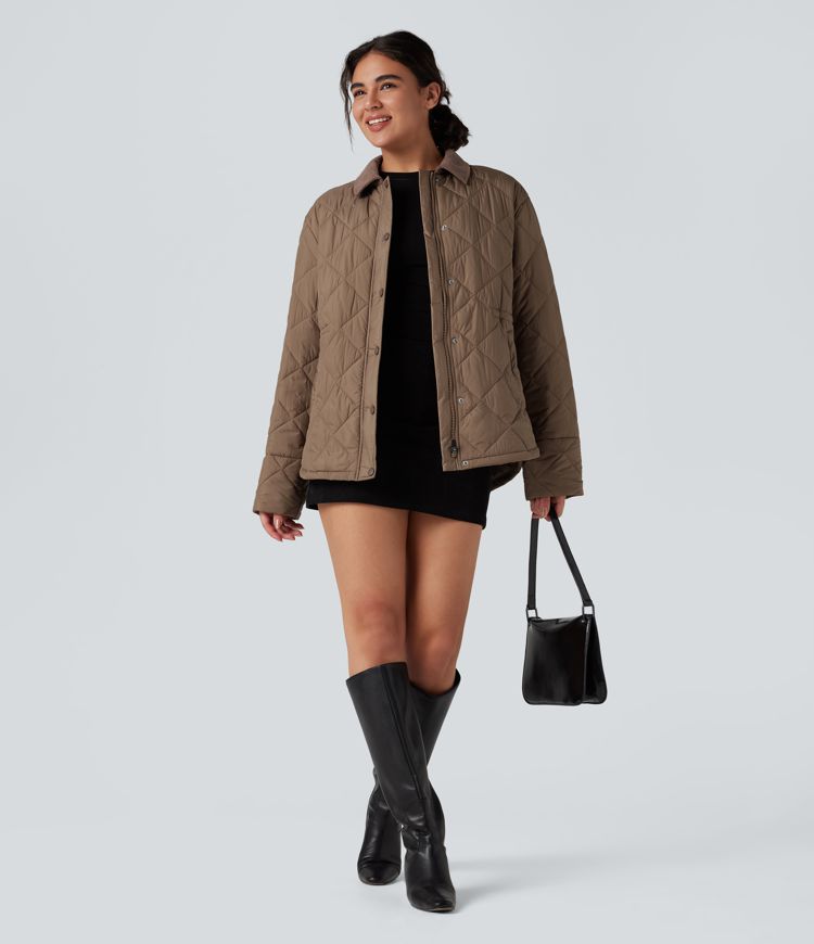 Veste matelassée velours côtelé contrastant avec cordon de serrage et poches