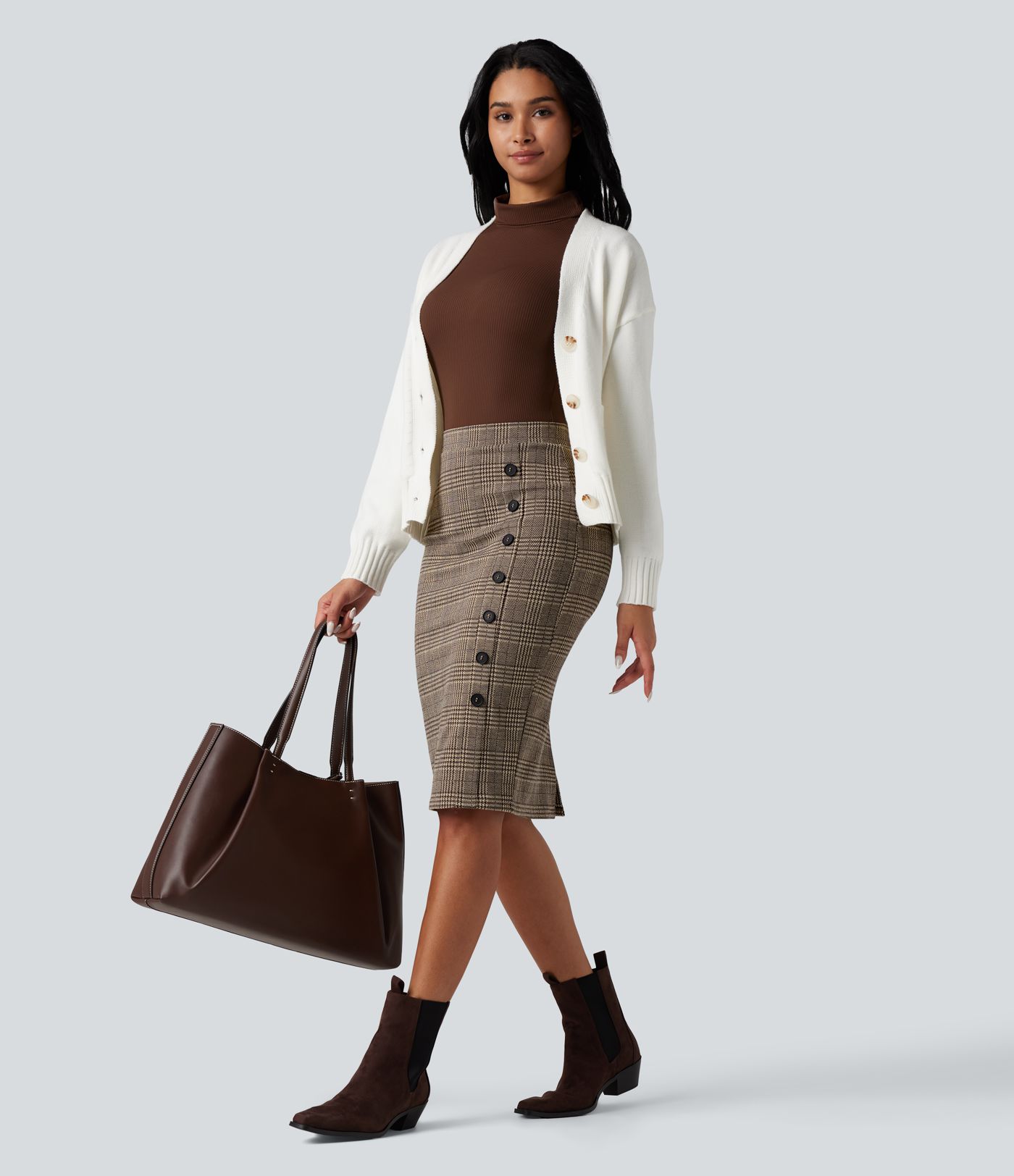 High Waisted Bodycon Houndstooth Plaid Knee Length Work Skirt