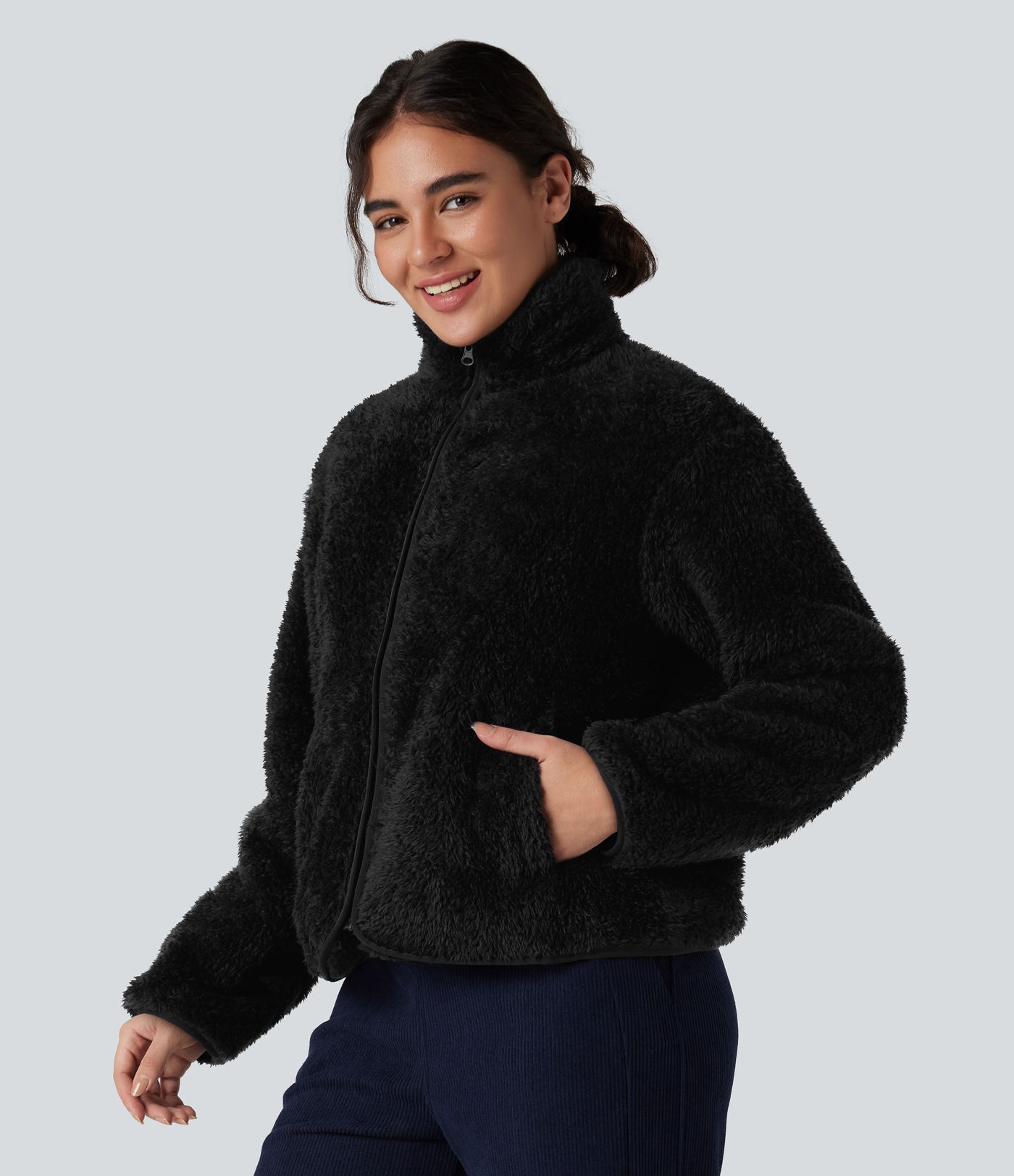 Stand Collar Long Sleeve Casual Sherpa Jacket with Pockets