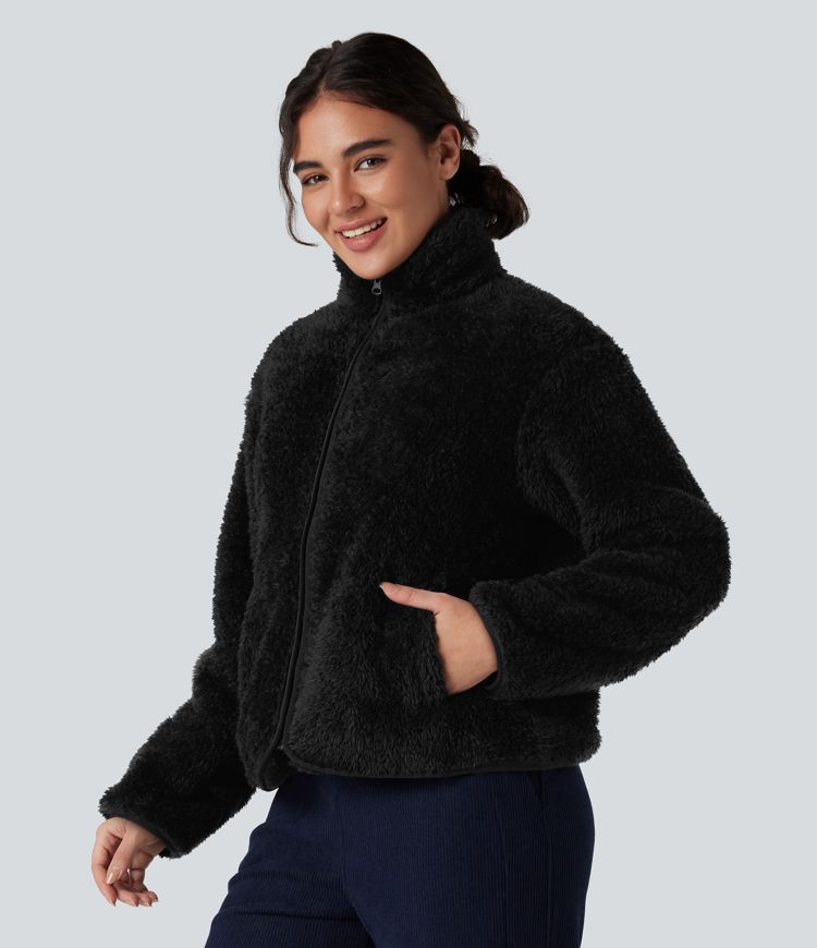 Stand Collar Long Sleeve Casual Sherpa Jacket with Pockets