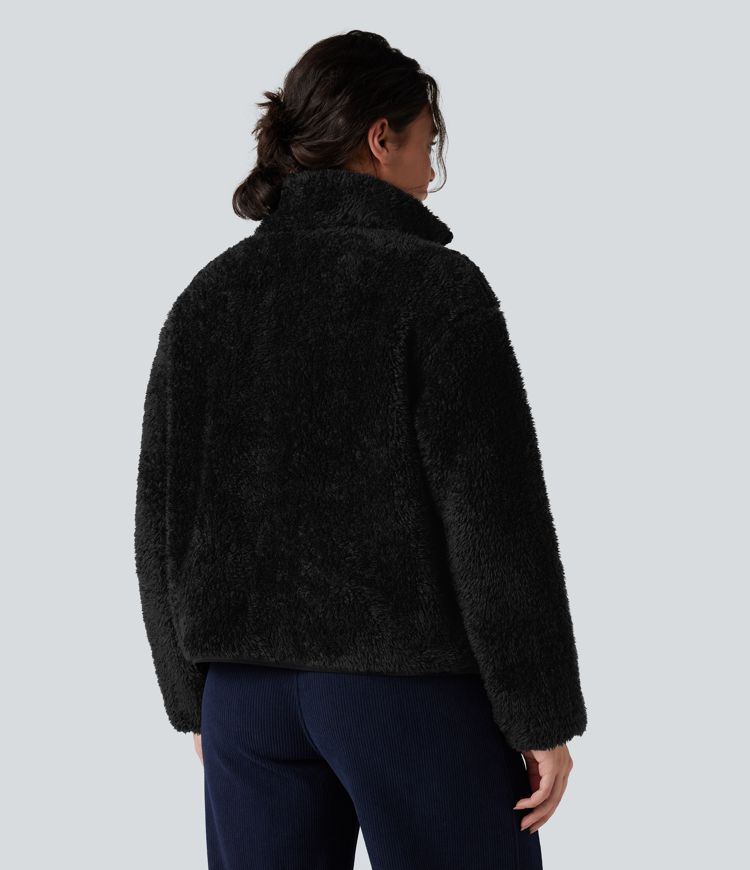 Stand Collar Long Sleeve Casual Sherpa Jacket with Pockets