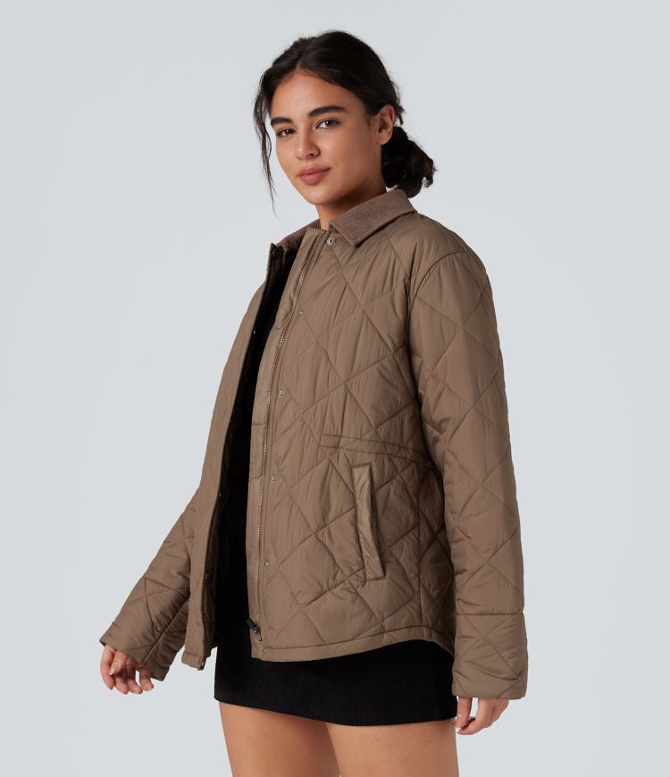 Veste matelassée velours côtelé contrastant avec cordon de serrage et poches