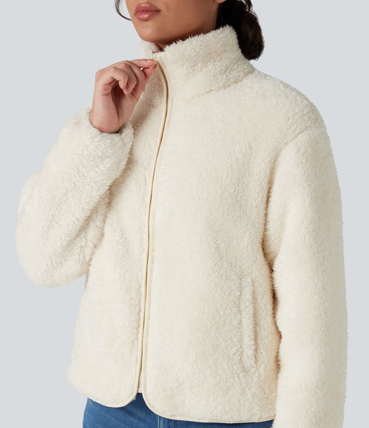 Stand Collar Long Sleeve Casual Sherpa Jacket with Pockets