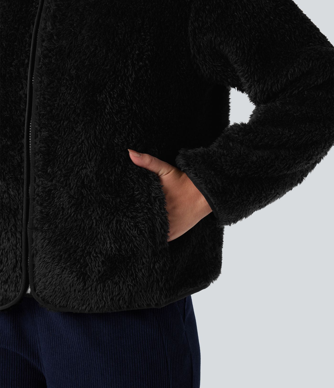 Stand Collar Long Sleeve Casual Sherpa Jacket with Pockets