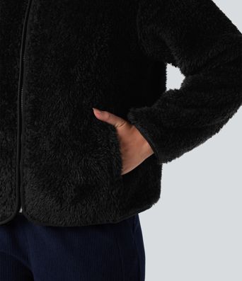 Stand Collar Long Sleeve Casual Sherpa Jacket with Pockets