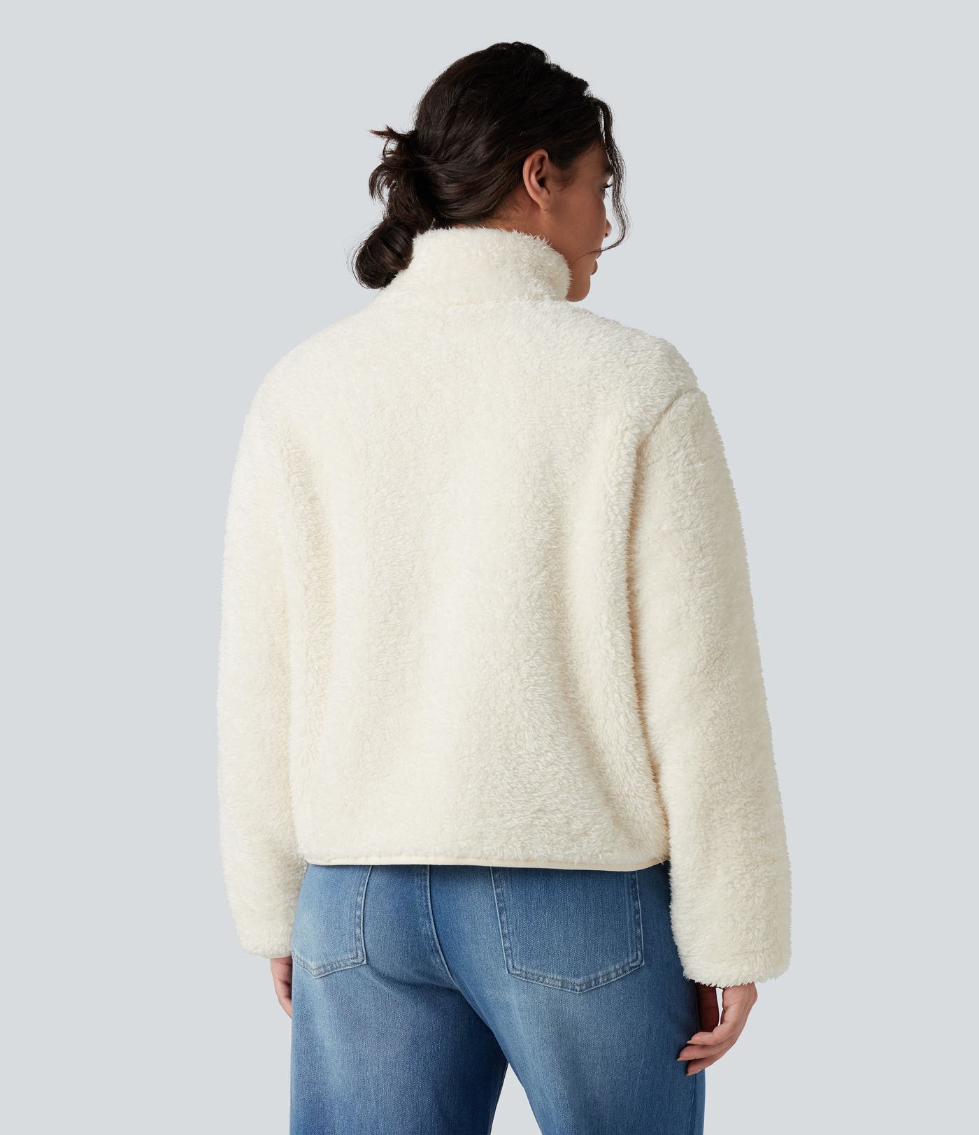 Dik yakalı, uzun kollu, cepli günlük teddy ceket