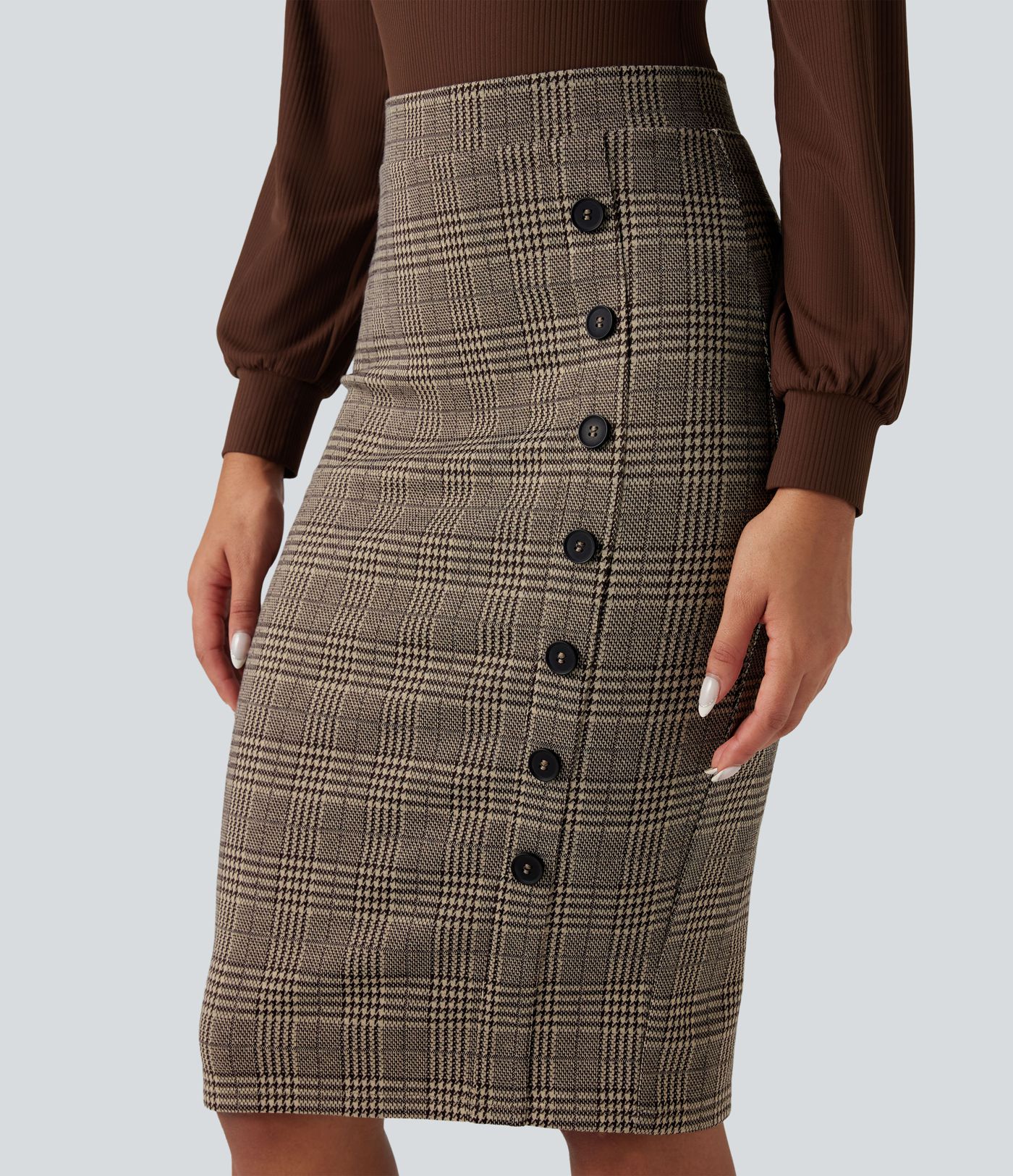 High Waisted Bodycon Houndstooth Plaid Knee Length Work Skirt