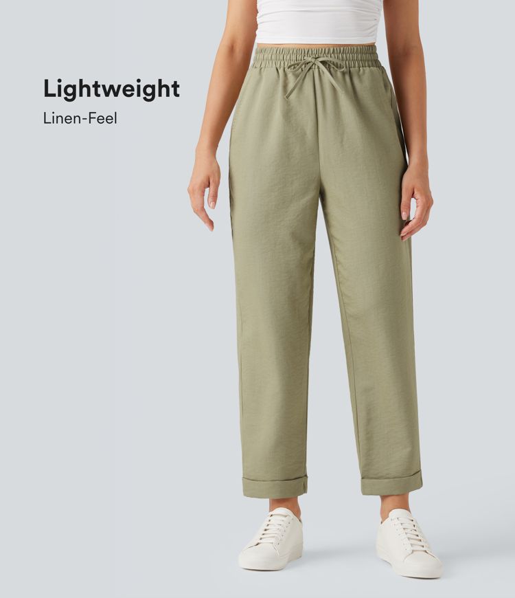 Lightweight Wrinkle-Resistant High Waisted Drawstring Tapered Casual Linen-Feel Pants with Pockets