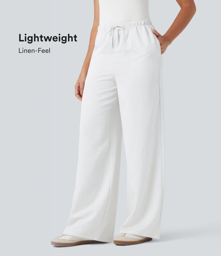 Lightweight Wrinkle-Resistant High Waisted Drawstring Wide Leg Casual Linen-Feel Pants with Pockets