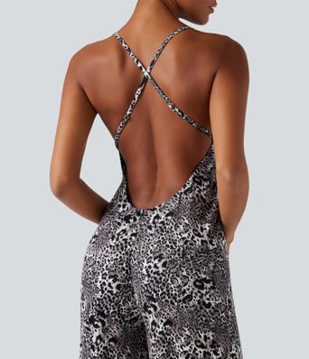 Crisscross Backless Leopard Print Party Slip Jumpsuit Crisscross Backless Leopard Print Party Slip Jumpsuit
