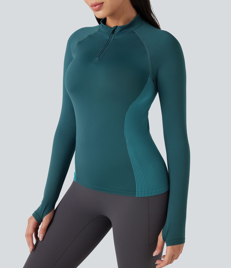 OneForm Seamless Flow Half Zip Long Sleeve Thumb Hole Yoga Sports Top