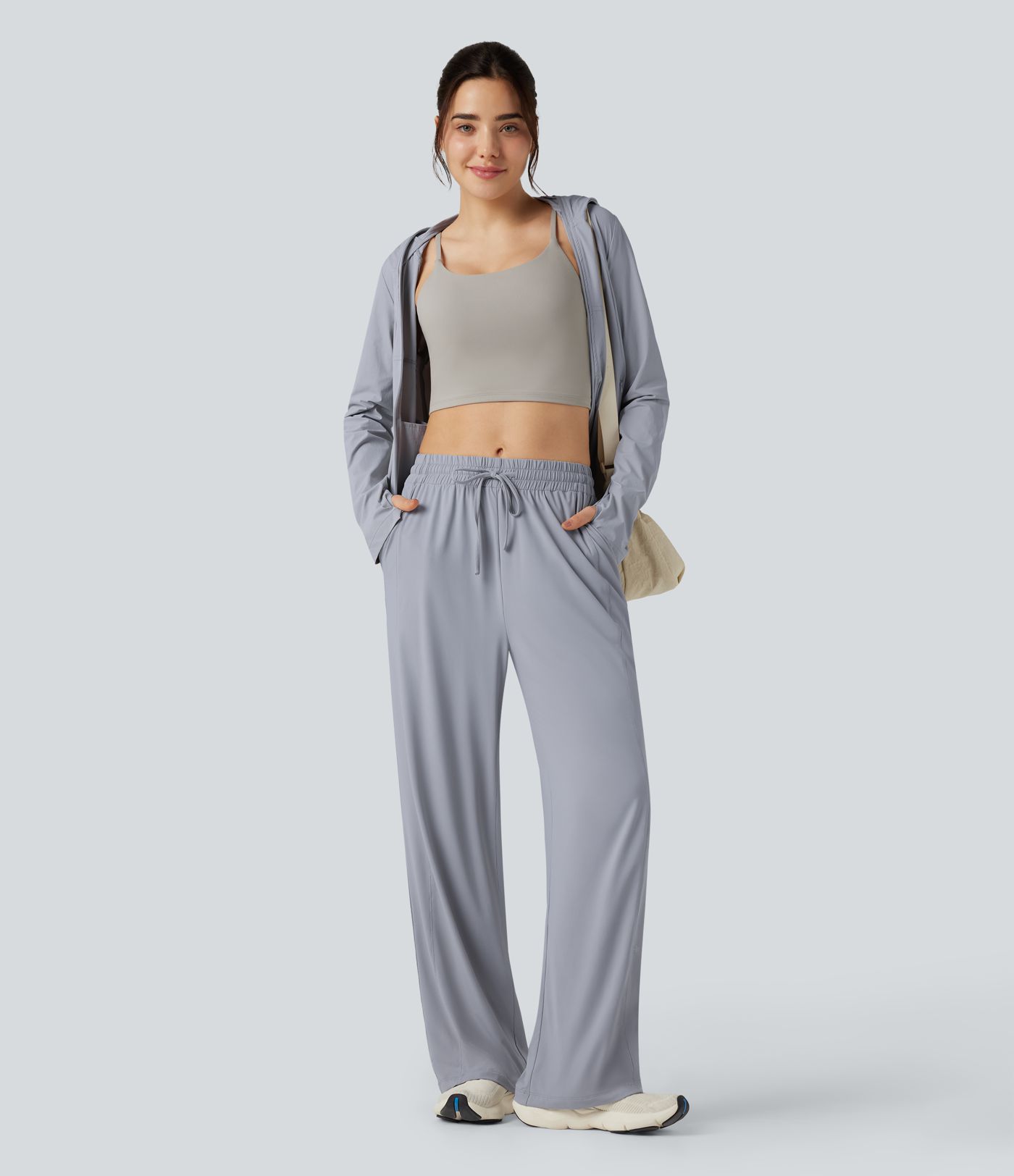 Mid Rise Drawstring Cool Touch Hiking Baggy Pants with Pockets-UPF50+