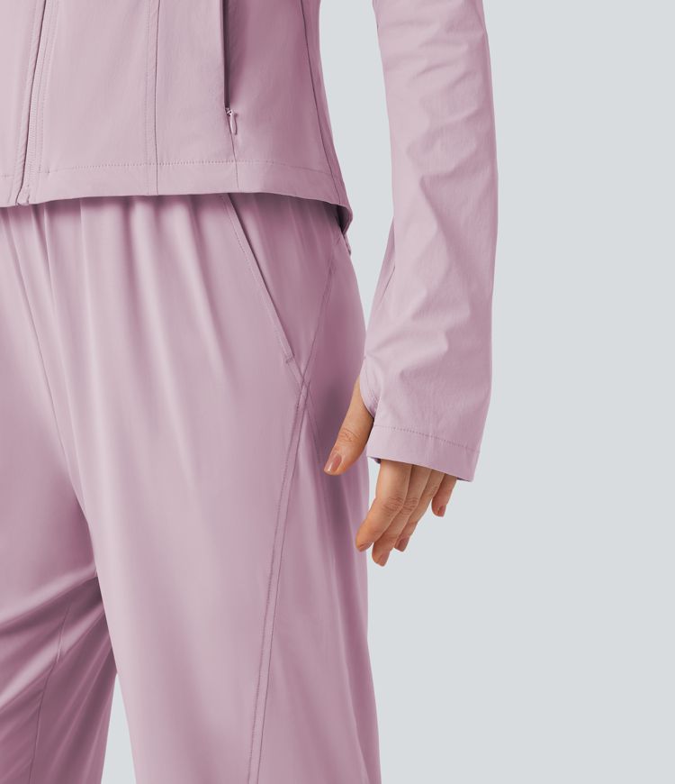 Stand Collar Long Sleeve Thumb Hole Hiking Jacket with Pockets-UPF40+