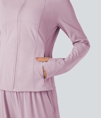 Stand Collar Long Sleeve Thumb Hole Hiking Jacket with Pockets-UPF40+