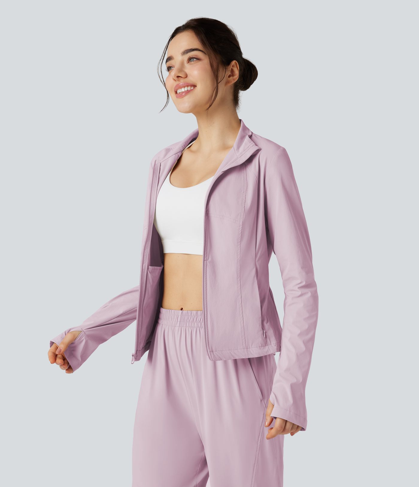 Stand Collar Long Sleeve Thumb Hole Hiking Jacket with Pockets-UPF40+