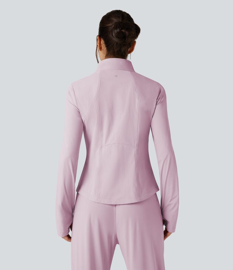 Stand Collar Long Sleeve Thumb Hole Hiking Jacket with Pockets-UPF40+