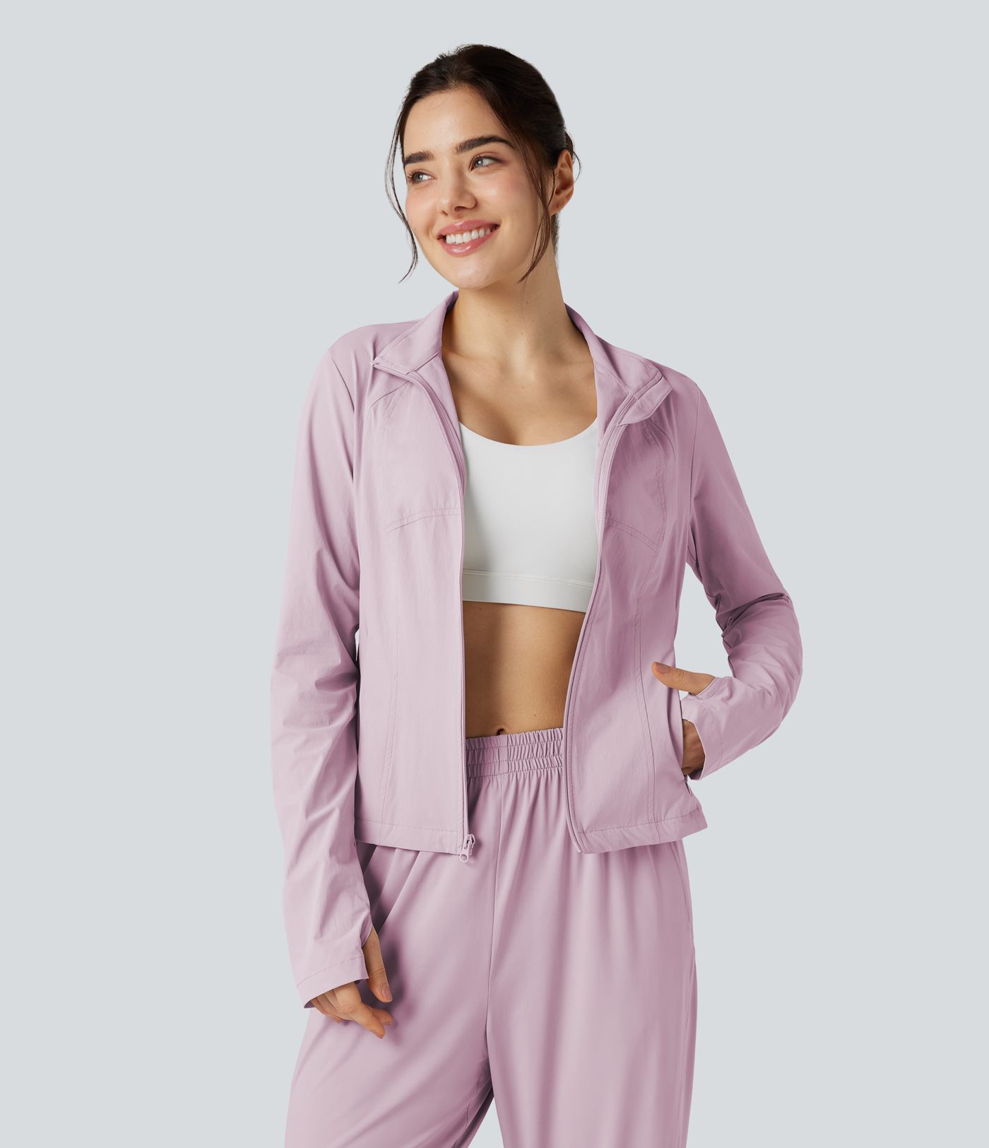 Stand Collar Long Sleeve Thumb Hole Hiking Jacket with Pockets-UPF40+