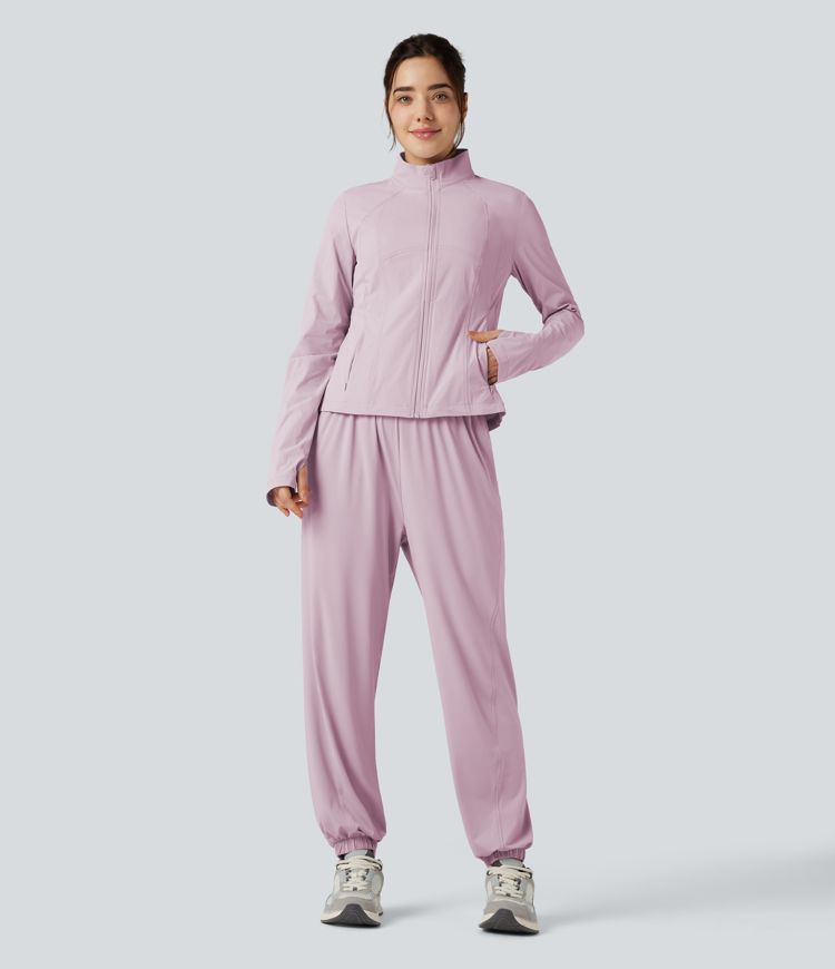 Stand Collar Long Sleeve Thumb Hole Hiking Jacket with Pockets-UPF40+