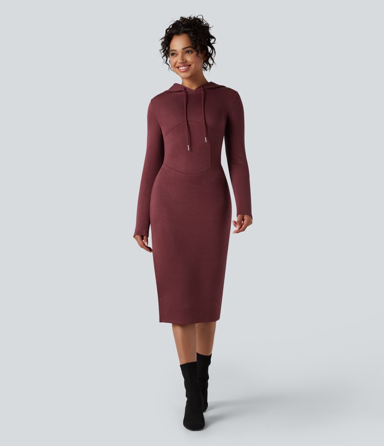 Robe sweat mi-longue fendue à capuche manches longues