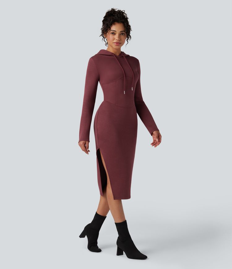 Robe sweat mi-longue fendue à capuche manches longues