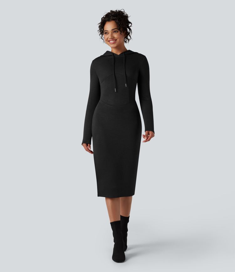 Lässiges Midi-Hoodie-Kleid mit langen Ärmeln und Seitenschlitz