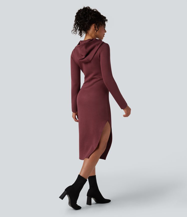 Robe sweat mi-longue fendue à capuche manches longues