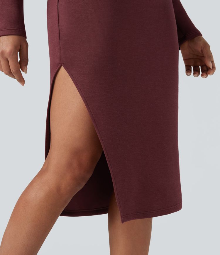 Robe sweat mi-longue fendue à capuche manches longues