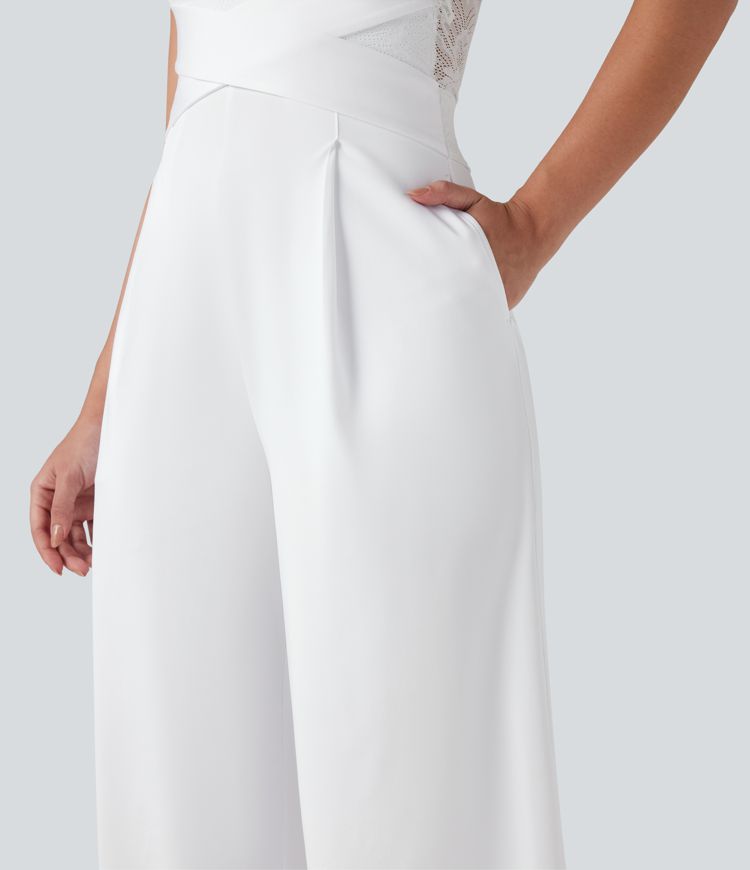 Sleeveless Contrast Lace Bridesmaid And Wedding Guest Jumpsuit with Pockets-Easy Peezy