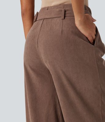 High Waisted Belted Wide Leg Corduroy Casual Pants with Pockets High Waisted Belted Wide Leg Corduroy Casual Pants with Pockets