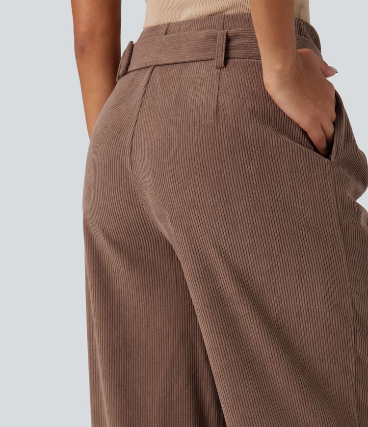 High Waisted Belted Wide Leg Corduroy Casual Pants with Pockets High Waisted Belted Wide Leg Corduroy Casual Pants with Pockets