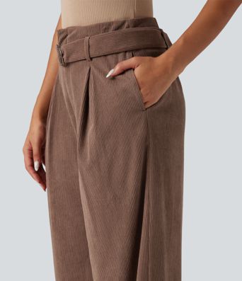 High Waisted Belted Wide Leg Corduroy Casual Pants with Pockets High Waisted Belted Wide Leg Corduroy Casual Pants with Pockets