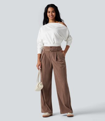High Waisted Belted Wide Leg Corduroy Casual Pants with Pockets High Waisted Belted Wide Leg Corduroy Casual Pants with Pockets