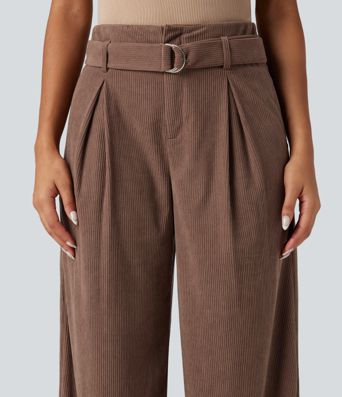 High Waisted Belted Wide Leg Corduroy Casual Pants with Pockets High Waisted Belted Wide Leg Corduroy Casual Pants with Pockets