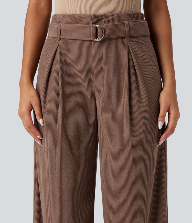 パンツ everyone corduroy belted pants Women's High Waisted Belted Wide Leg Corduroy Casual Pants with
