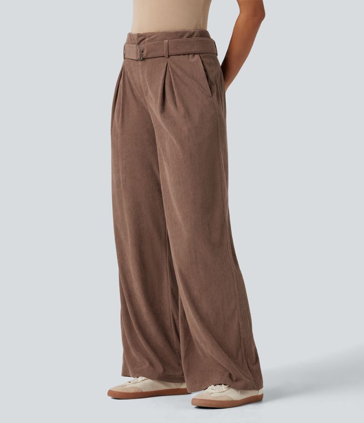 High Waisted Belted Wide Leg Corduroy Casual Pants with Pockets High Waisted Belted Wide Leg Corduroy Casual Pants with Pockets