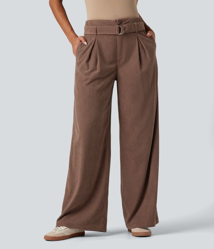 High Waisted Belted Wide Leg Corduroy Casual Trousers with Pockets