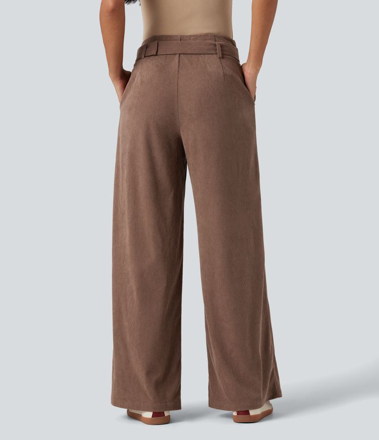 High Waisted Belted Wide Leg Corduroy Casual Pants with Pockets High Waisted Belted Wide Leg Corduroy Casual Pants with Pockets