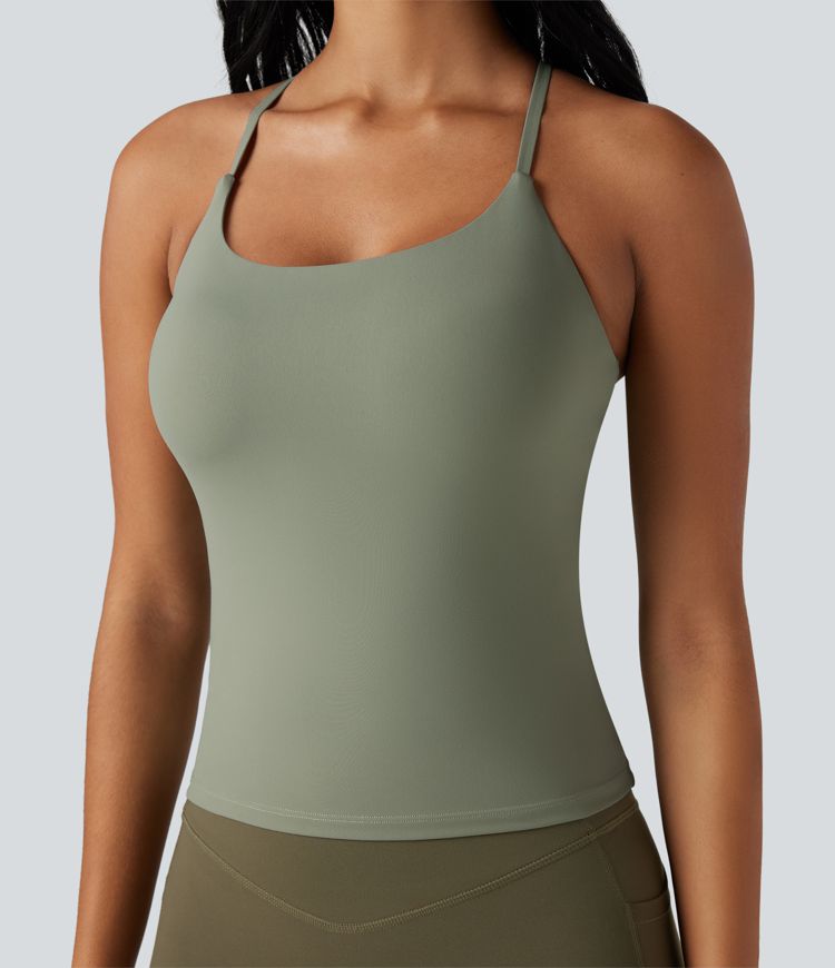 SoftlyZero™ débardeur de yoga en peluche à encolure en U, dos croisé et dos nu — pour bonnets D–F