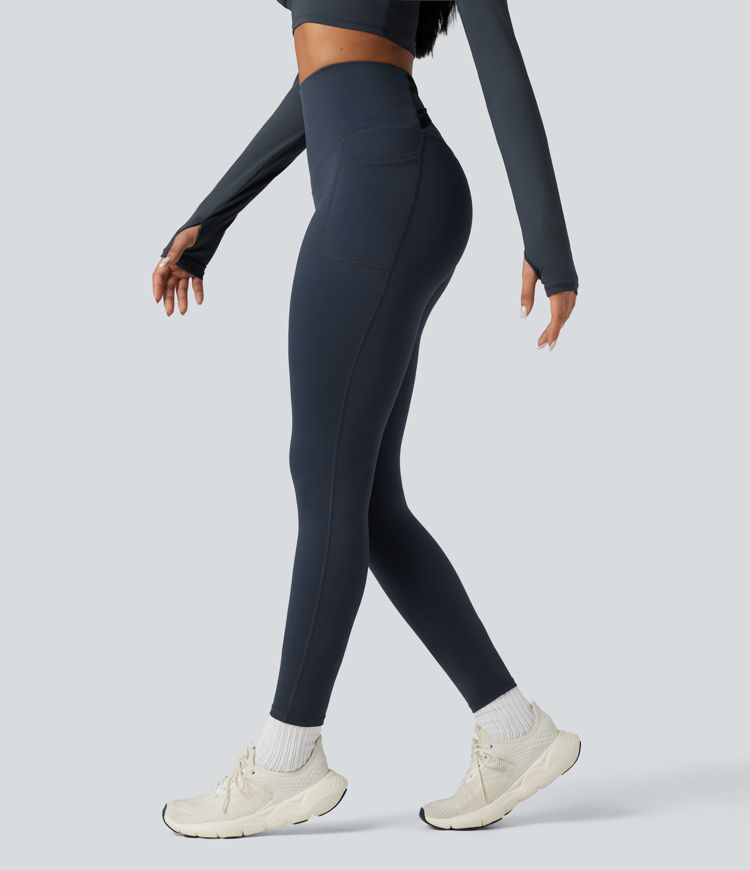 Halara Ultrasculpt™ High Waisted Tummy Control Crossover Back Fleece Running Leggings with Pockets