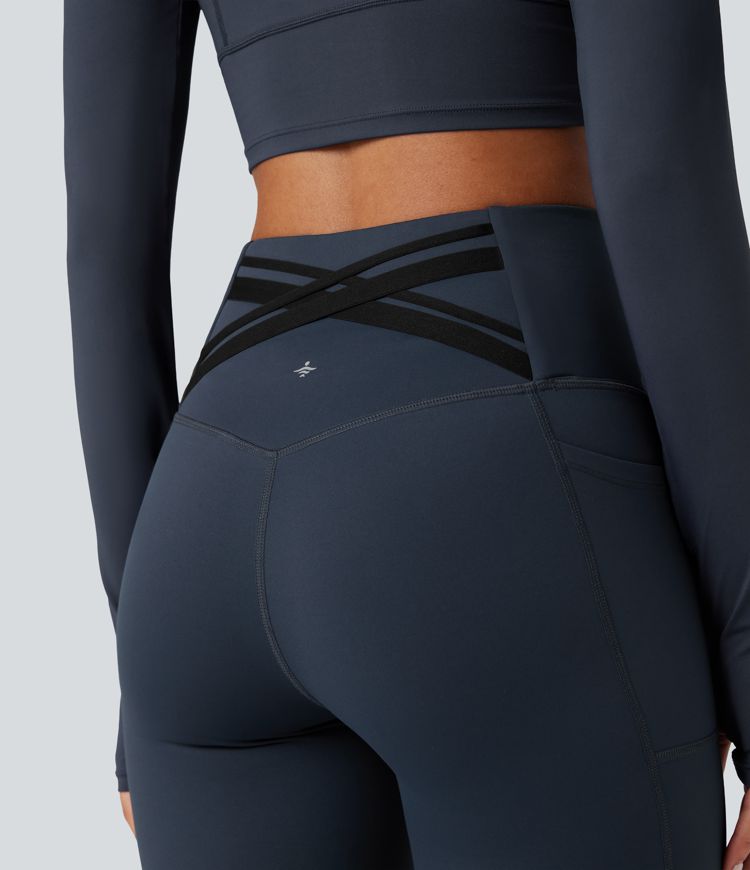 Halara Ultrasculpt™ High Waisted Tummy Control Crossover Back Fleece Running Leggings with Pockets