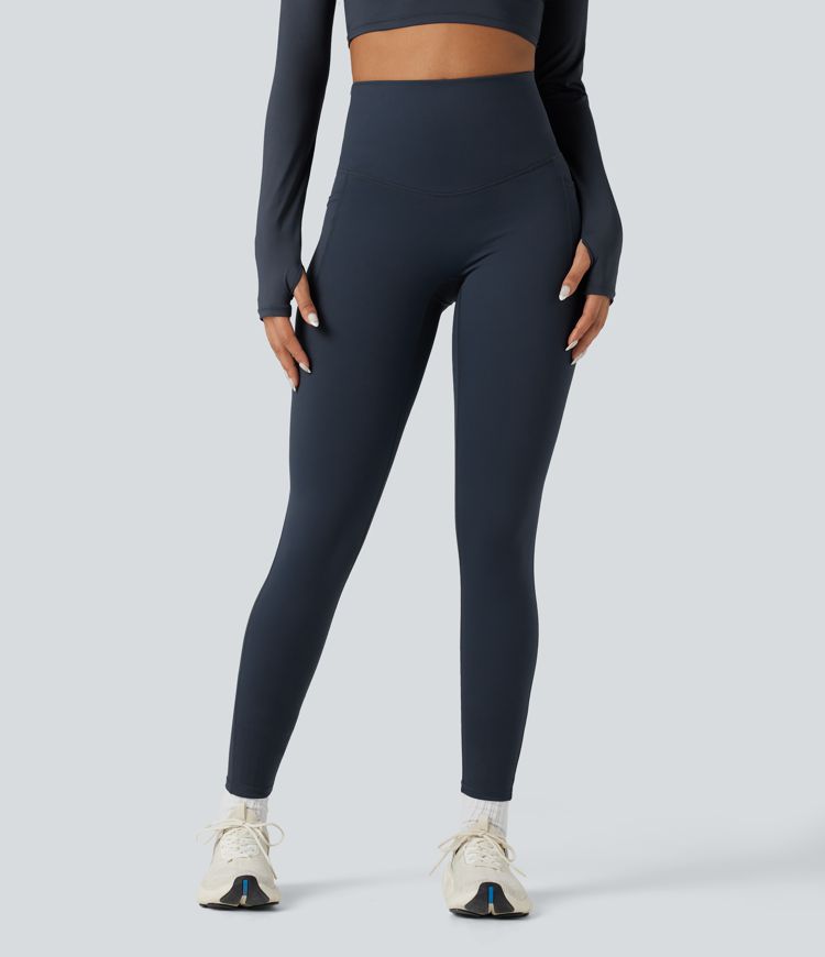 Halara Ultrasculpt™ High Waisted Tummy Control Crossover Back Fleece Running Leggings with Pockets