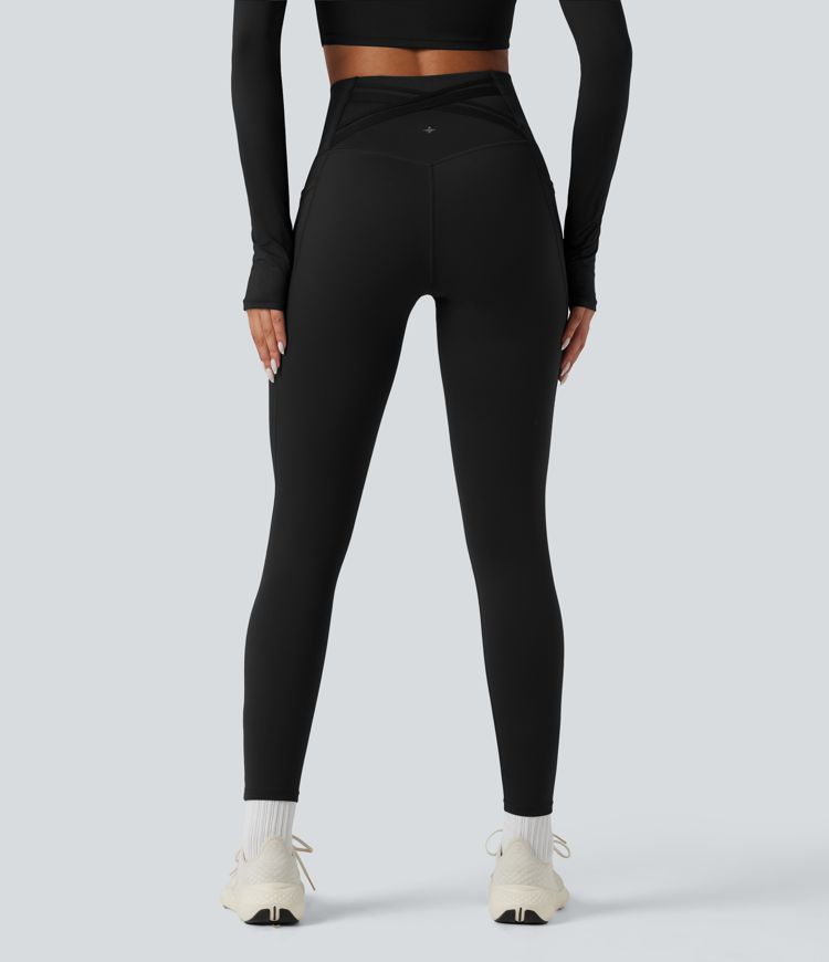 Halara Ultrasculpt™ Heat High Waisted Tummy Control Crossover Back Fleece Running Leggings with Pockets