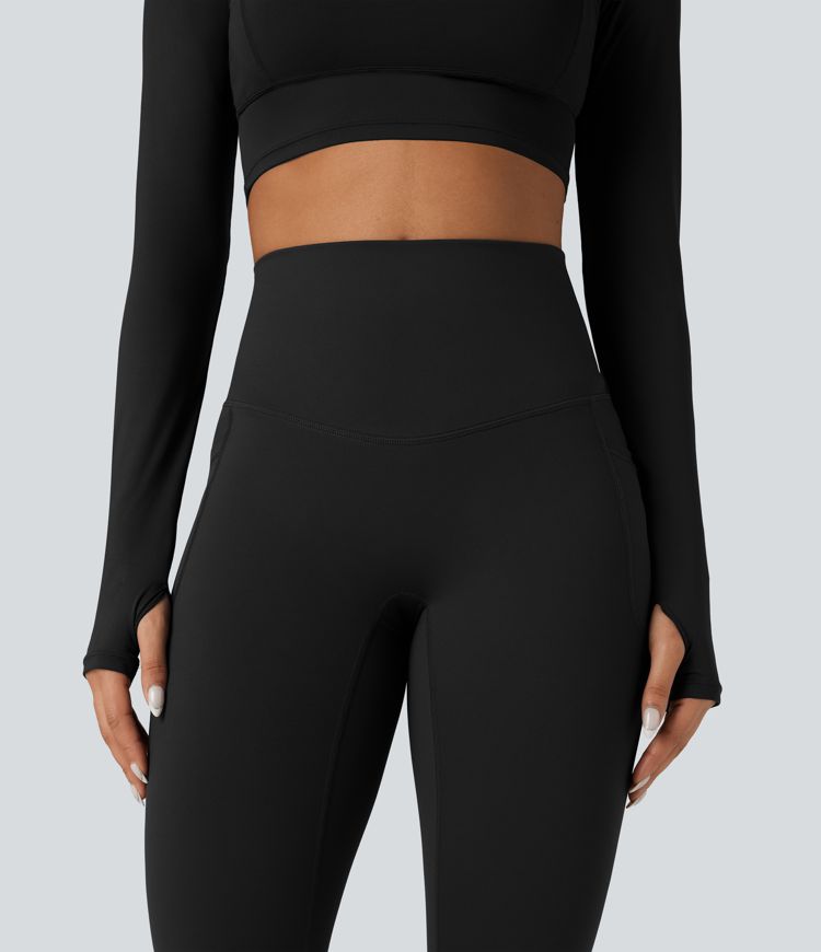 Halara Ultrasculpt™ Heat High Waisted Tummy Control Crossover Back Fleece Running Leggings with Pockets