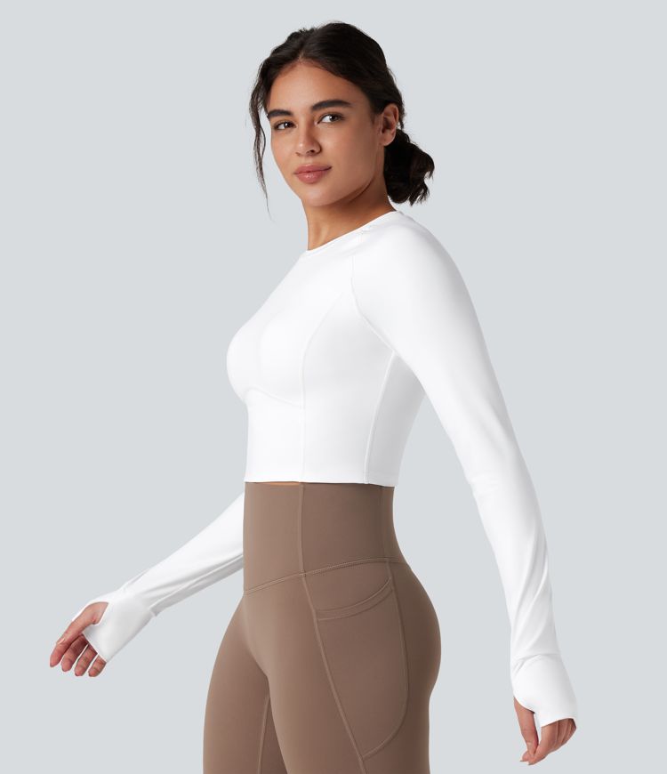 SoftlyZero™ въздушен спортен топ за йога с повдигащ ефект, дълги ръкави, отвори за палците, контрастна мрежа и хладно усещане при допир — UPF50+