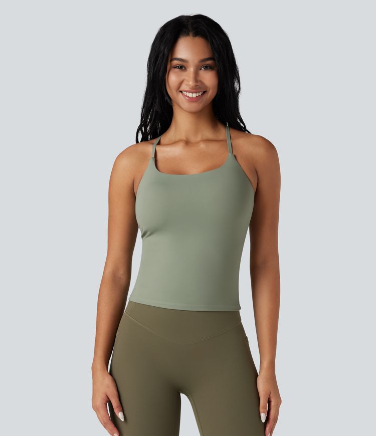 SoftlyZero™ débardeur de yoga en peluche à encolure en U, dos croisé et dos nu — pour bonnets D–F